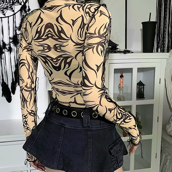 Tan mesh tribal striped long sleeve top - Picture 4 of 14